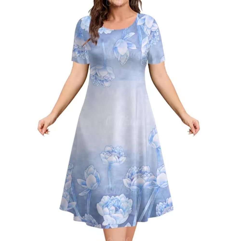 Summer Floral Print Dress round Neck Short Sleeve A-Line Skirt Elegant Women's Floral Skirt Casual Chic Lady's Clothing