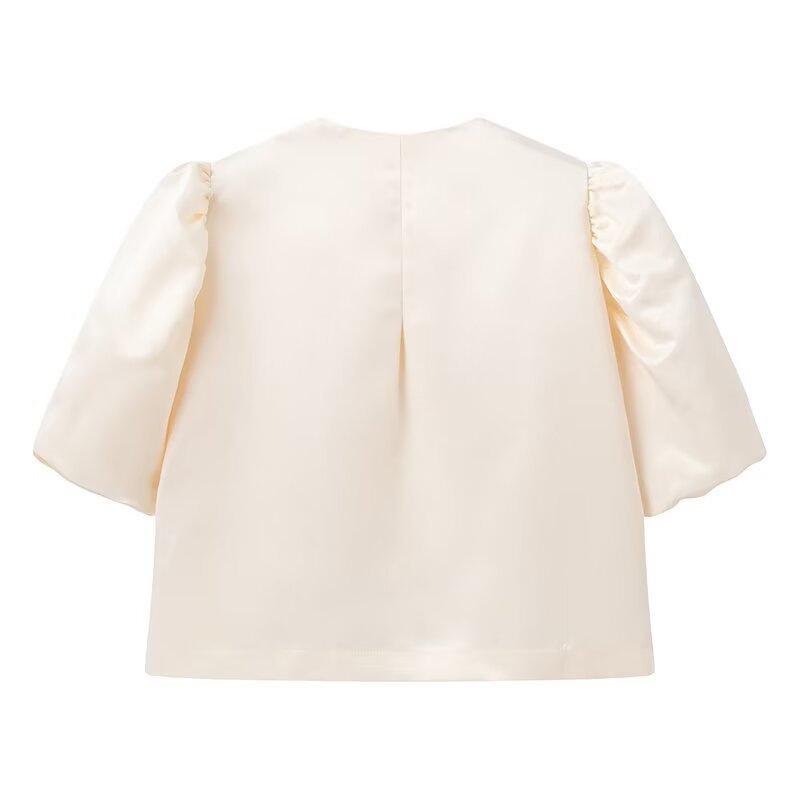 Women's Puff Sleeve Round Neck Top - Elegant Commuting Style, Versatile Five-Point Sleeve Blouse
