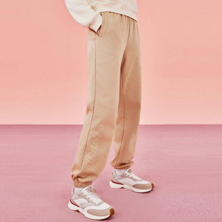 Anta Lifestyle Series Solid Color Mid Waist Cuffed Fleece Knit Sports Pants Women pants Light-Brown 962348304-2