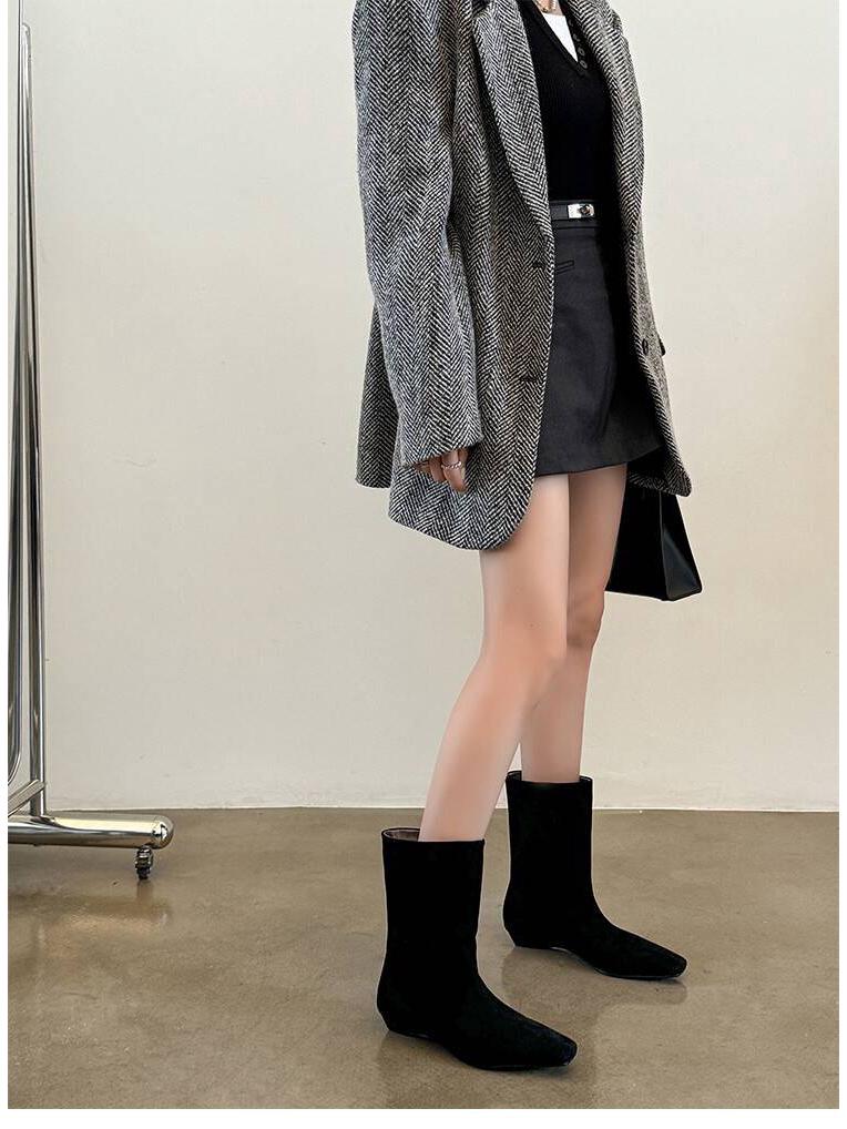 British-Style Ankle Boots - Autumn 2024 Cowhide Square Toe, Low Heel, Slim European-American Workwear