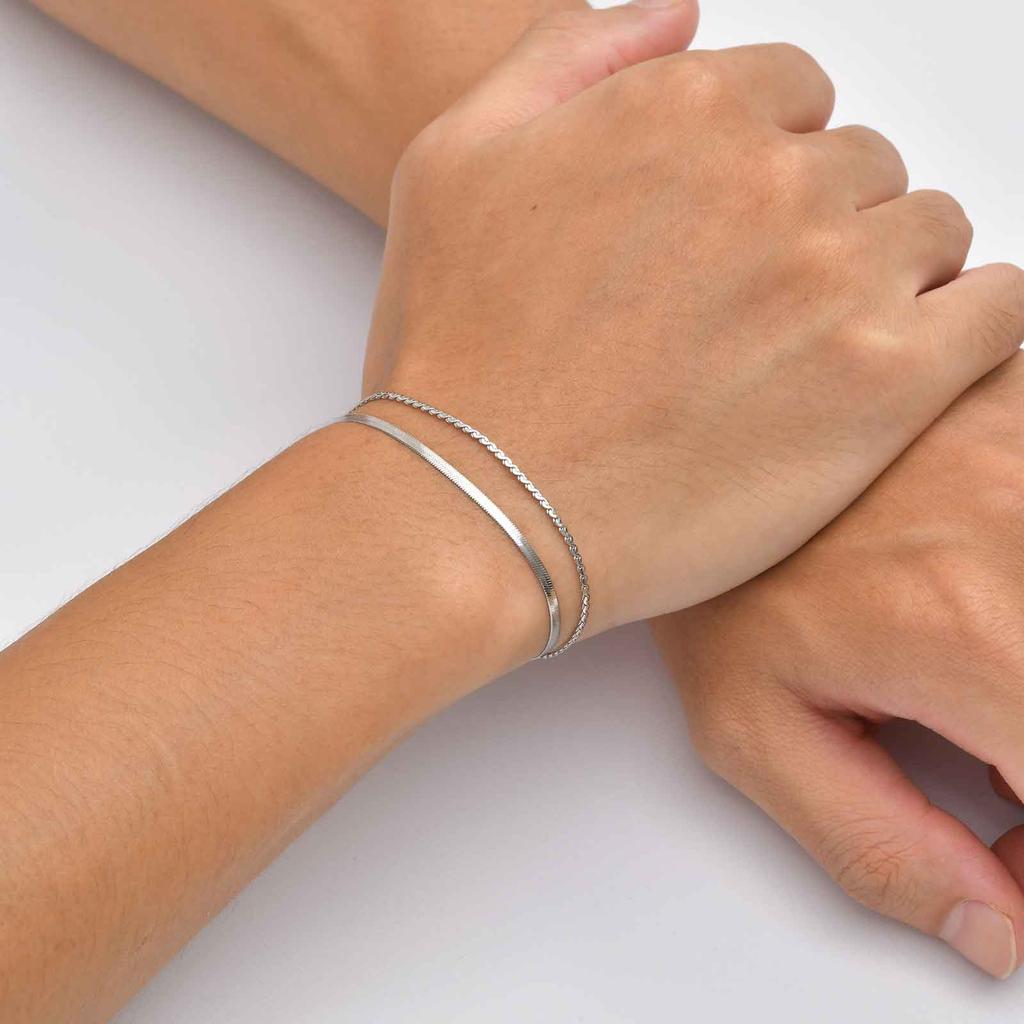Hip Hop Double Layer Stainless Steel Bracelet, Silver Color Layered Snake Chain Bracelet for Men, Fashion Waterproof Jewelry