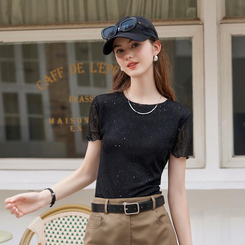 Bailuyu Sweet Cool Style Glitter Knit Short Sleeve T-Shirt L чёрный