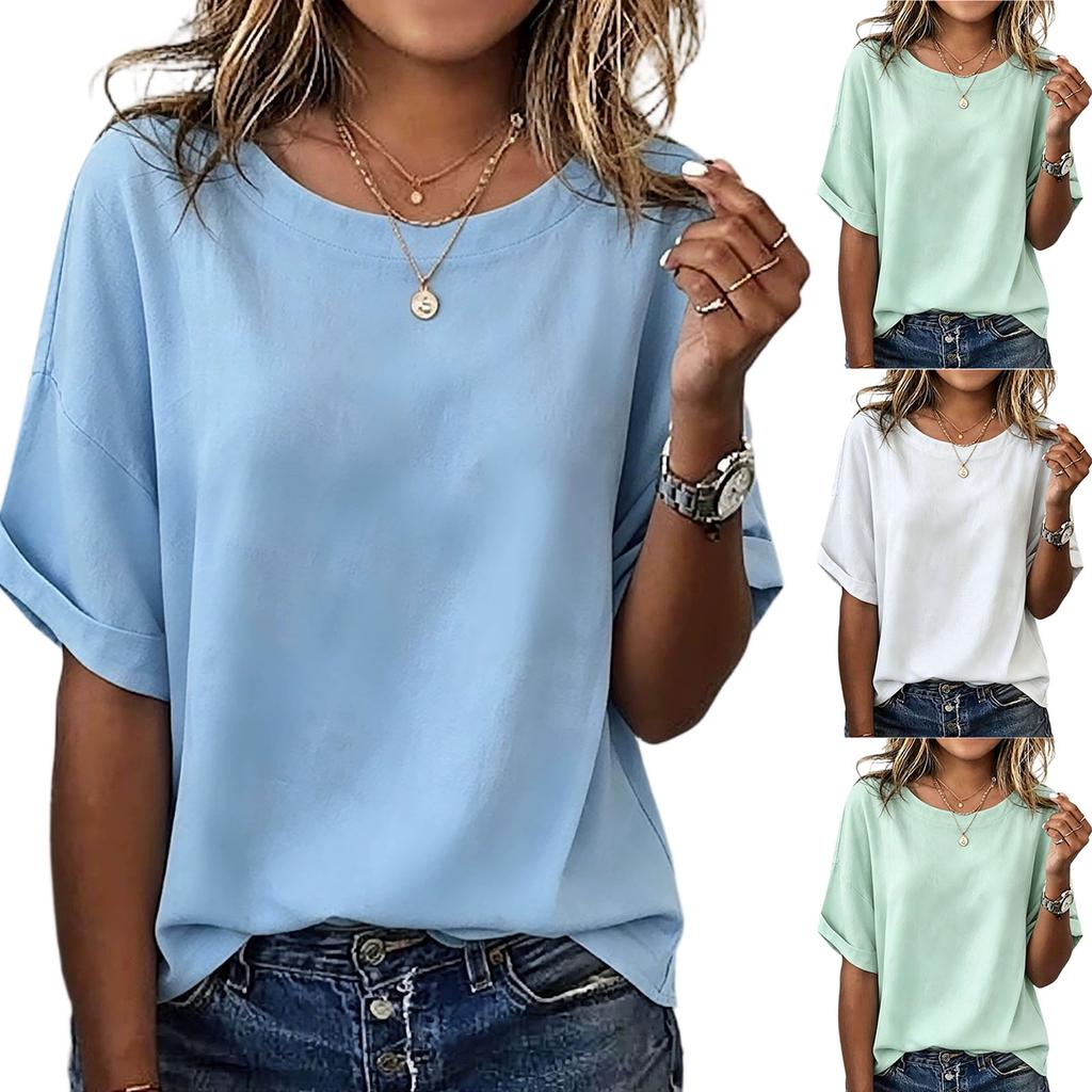 Top da Donna Casual Largo Girocollo Manica Corta Tessuto Misto Cotone Lino Leggero Traspirante Camicia Estiva