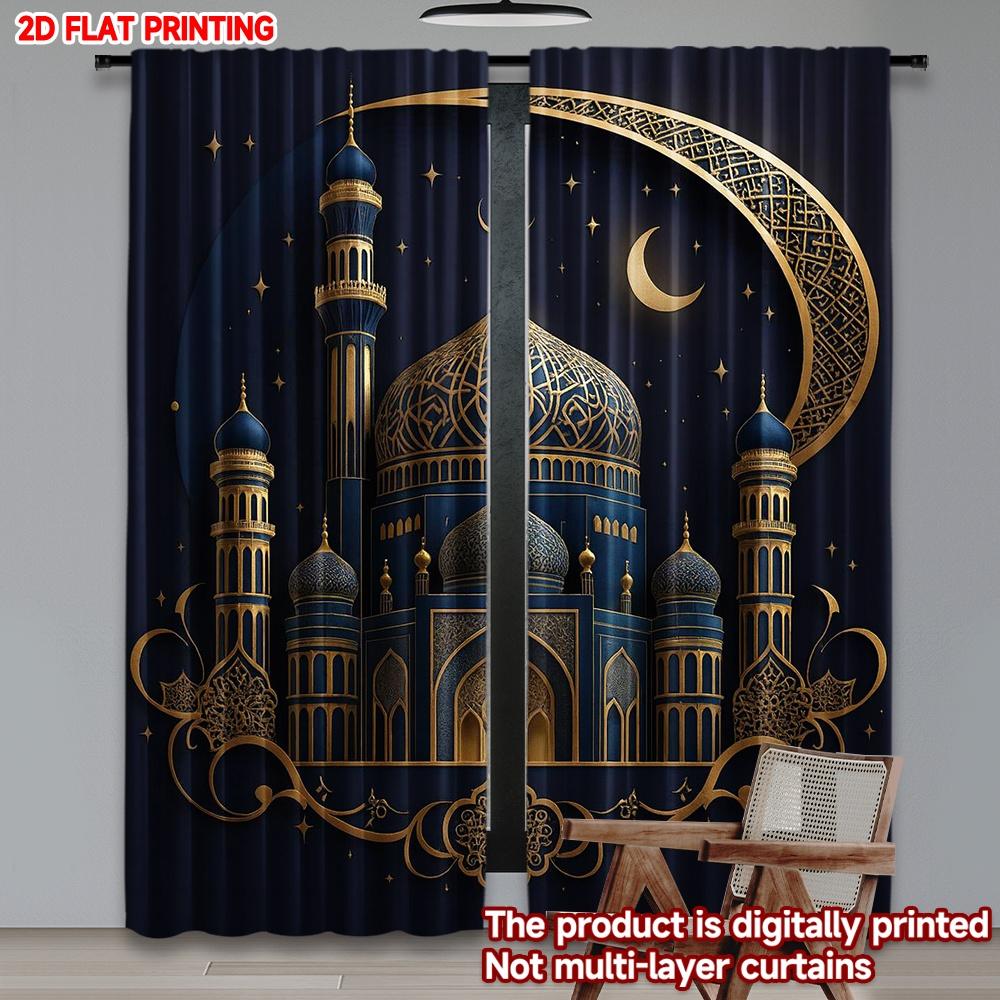 2D flat printing 2pcs Curtains Eid Crescent and Mosque Design Digital Printed Polyester Drapes Festive Curtains Perfect for Home