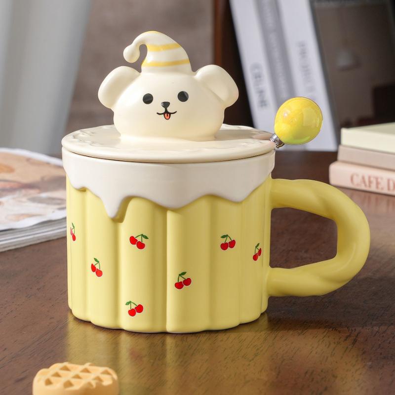 Söt Björn med Lock Sked Tecknad Kopp Gräddtårta Mugg Mjölk Frukost Kontor Kaffekopp Souvenir