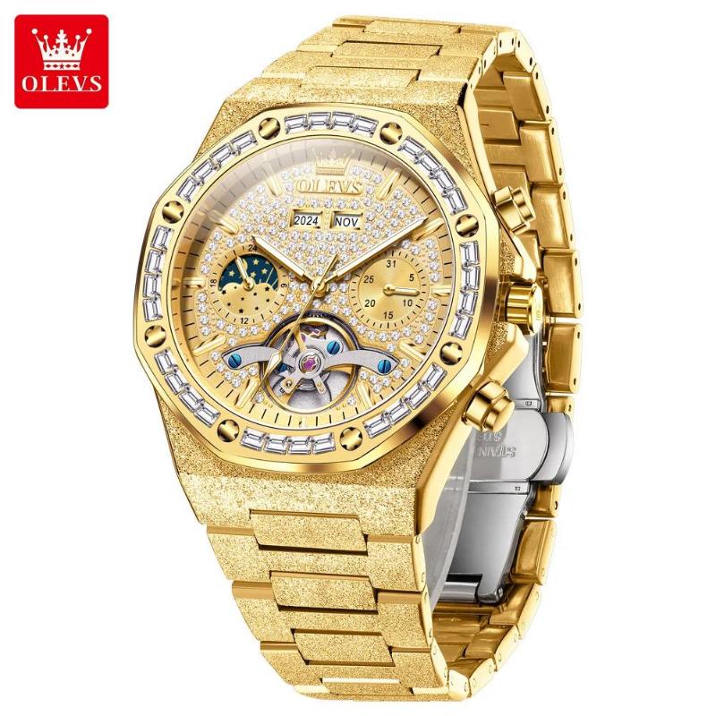 OLEVS Ay Evresi Krono Lüks Saat Elmas Otomatik Erkek Saatleri Zımparalanmış Çelik Kordon İskelet Volan Mekanik Kol Saati
