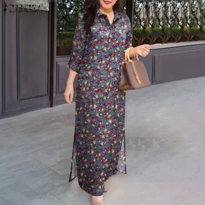 Women Casual Turn Down Collar Floral Print 3/4 Sleeve Shirt Dress