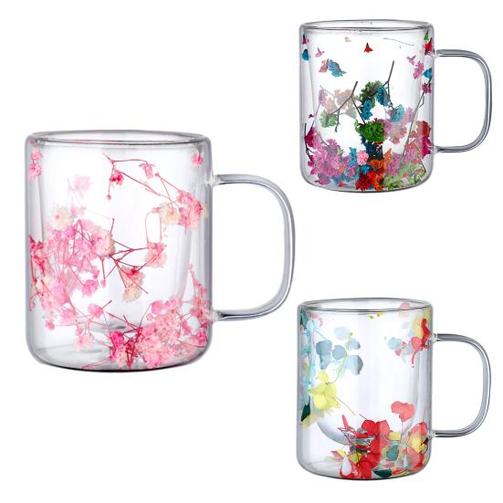 Double Wall Glass Coffee Mug with Handle Colorful Petal Design Tumbler Creative Insulated Cup for Hot