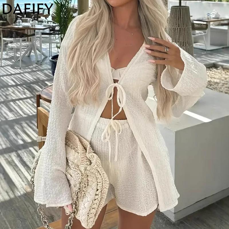 DAFIFY Women's Fashion Casual Summer Spring Solid Color Print Long Sleeve V-Neck Trousers Pants Suits