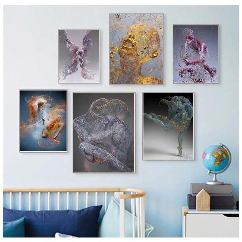 Abstract Metal Figure Statue Canvas Painting Poster and Prints Golden Portrait Sculpture Wall Picture for Living Room Home Decor