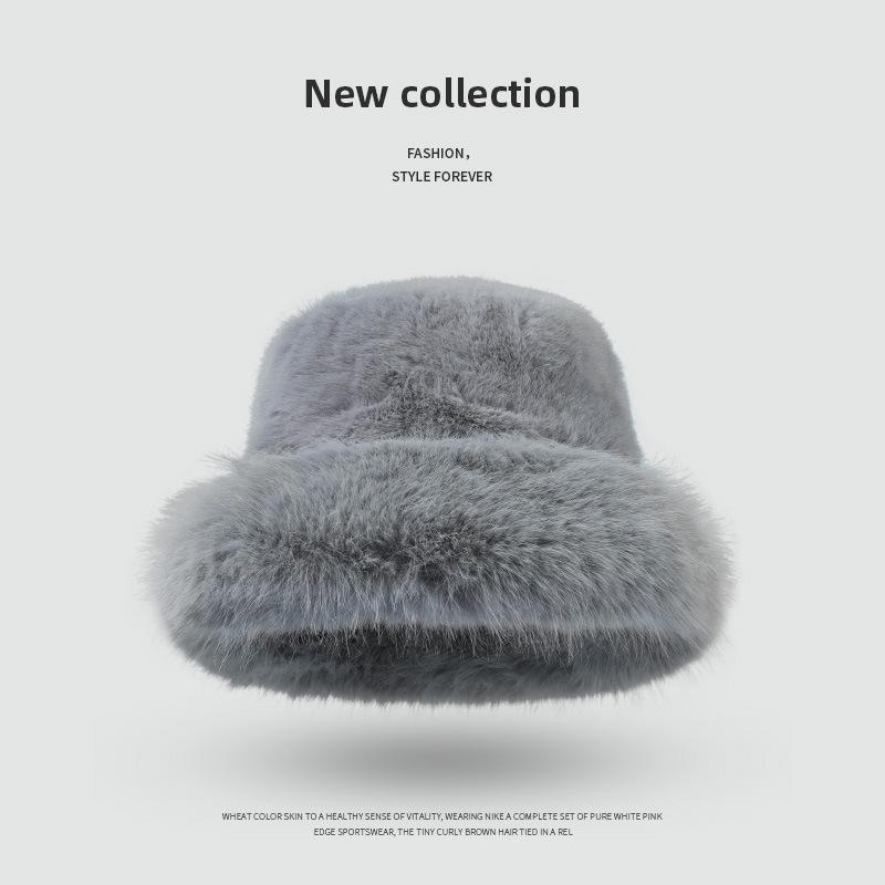 Advanced imitation rabbit fur bucket hat autumn and winter plush warm ear protection small solid color flat top Mongolian hat