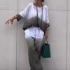 Women's Loose Fit Two-Piece Outfit Set 3/4 Sleeve Boat Neck Top High Waist Wide Leg Pants