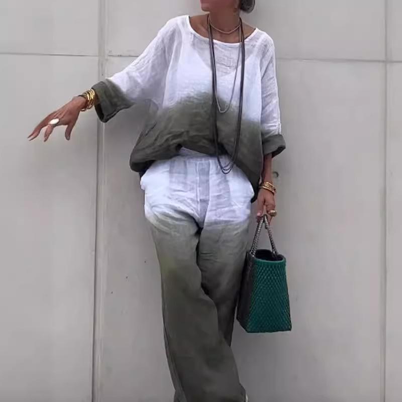 Women's Loose Fit Two-Piece Outfit Set 3/4 Sleeve Boat Neck Top High Waist Wide Leg Pants