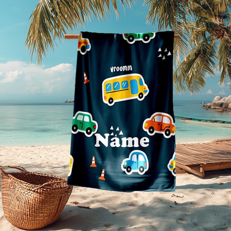 Custom Name Ultra-Soft Beach Towel with Cute Cars Theme,Ideal for Pool - Camping, Diving - Perfect Travel Essential, Vibrant Beach Towel.
