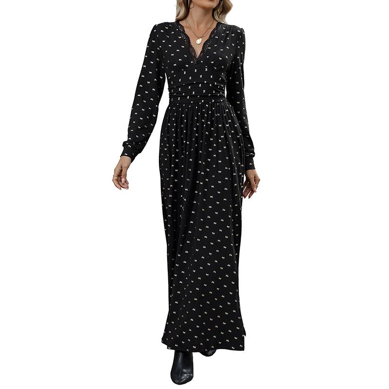 2025 New Autumn Elegant Retro Style Lace V-neck Bow Printed Long-sleeved Dress