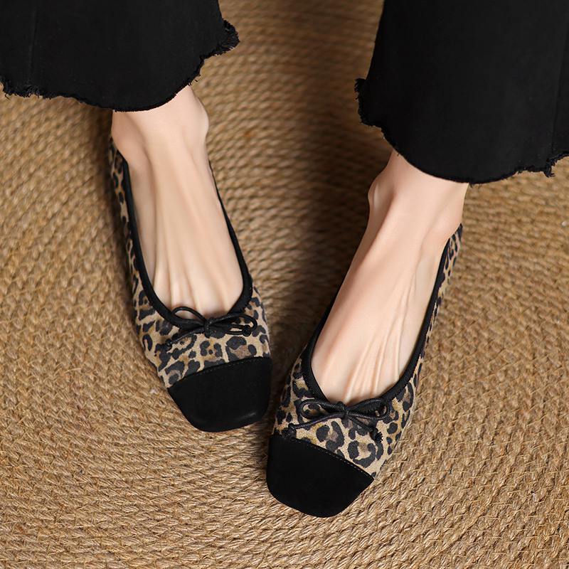 Krazing Pot Sheep Suede Spring Summer Size 41 Thick Low Heels Women Square Toe Slip on Shallow Leopard Pumps