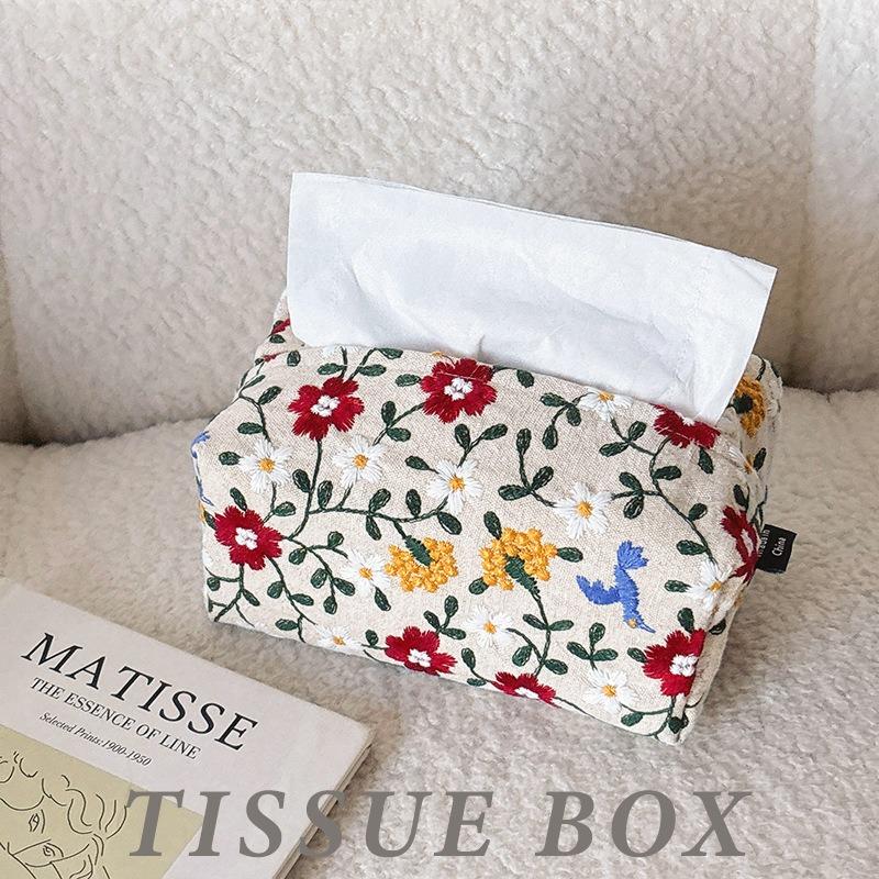1pcs Floral Embroidered Fabric Tissue Box Decorative Desktop Tissue Organizer for Home Bedroom & Living Room