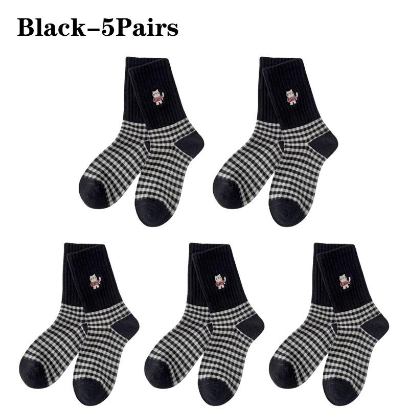 Damen Vintage KarosockenCartoon Katze BaumwolleMittelwade Lange Socken Grau Schwarz Weiß Frühling Herbst Freizeitsocken Damen Lange Socken