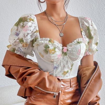 Casual V Neck  T Shirt Basic Mesh  Short Sleeve Crop Top Women Embroidered Flower T-shirt  Backless Tank Top Slim Female Crop Top Fashion Tee Shirt