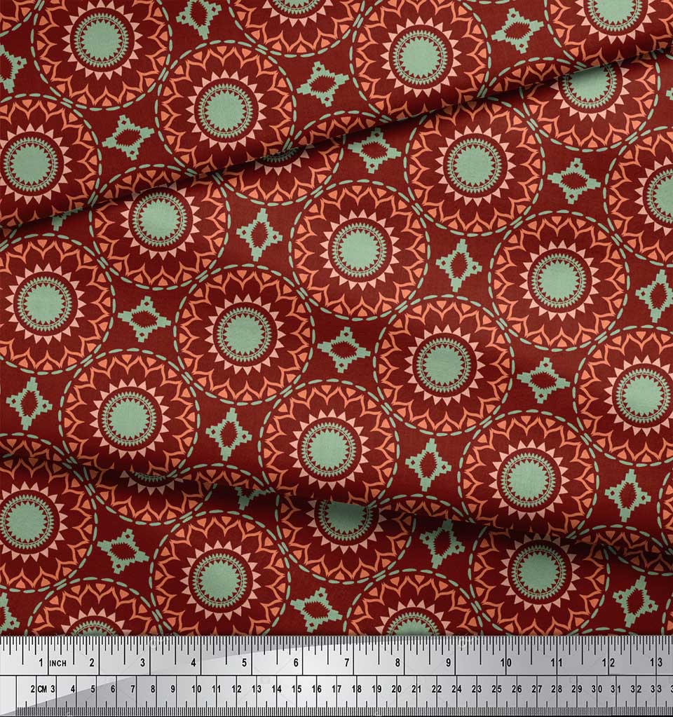 Soimoi Red Japan Crepe Satin Fabric Mandala Geometric Print Fabric by the Metre 42 Inch