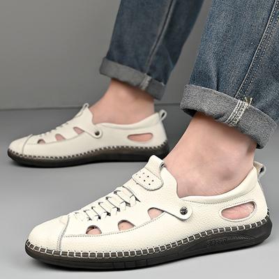 Summer Shoes Men Sandals Genuine Leather Flat Non-slip Holiday Soft Summer Male Footwear Black Beige