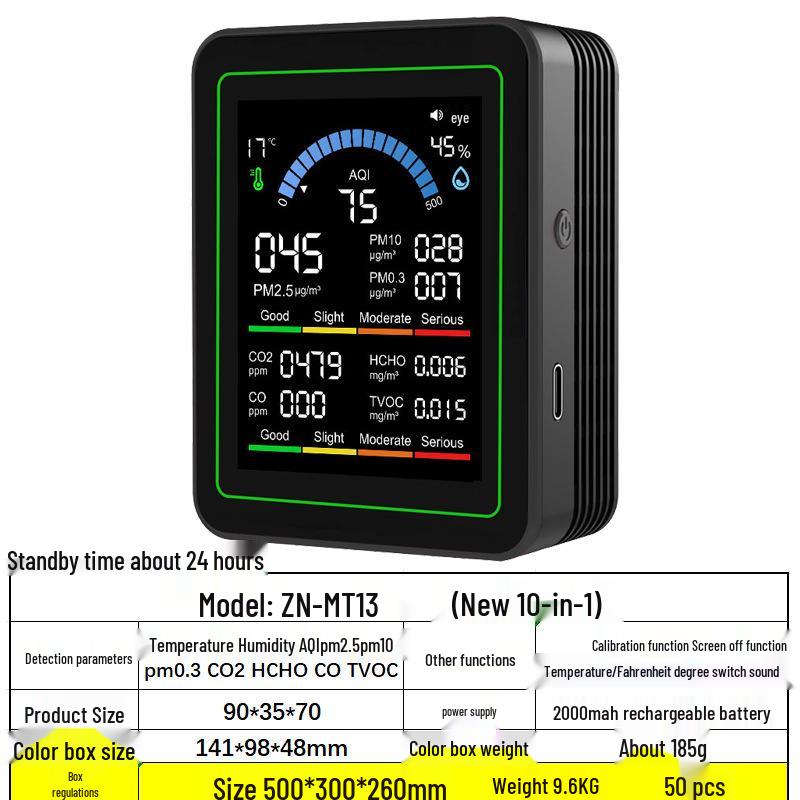 10-in-1 Luftqualitätsmonitor: Erfasst Formaldehyd, CO2, PM2,5, CO, Temperatur und Luftfeuchtigkeit für den Heimgebrauch