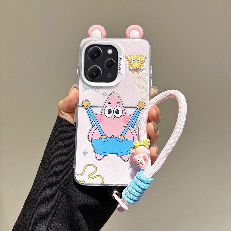KEYSION Cute Ear Cartoon Case for Redmi 12 4G with Lanyard Soft Silicone+PC Shockproof Phone Back Cover for Xiaomi Redmi 12 5G