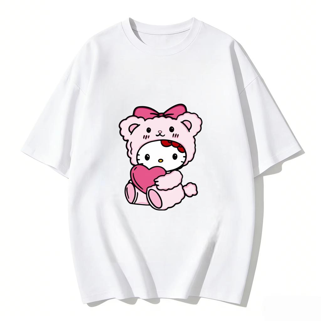 Summer Hello Kitty Cartoon Printed Short Sleeve Pure Cotton Tshirt Womens Family Matching Outfits Classic Fashion Tee Top