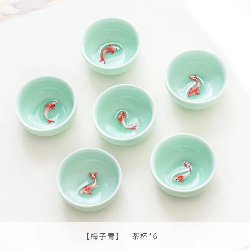 Conjunto de xícara de chá kung fu 3d, 6 peças, peixe dourado, xícaras de chá da china, crepitante, viagem, tigela de chá de