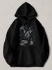 Black Pullover Hoodie with Silver Abstract Leaf Print Unisex Long Sleeve Sweatshirt with Kangaroo Pocket Casual Streetwear for Dai