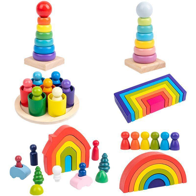 Rainbow square arch building block villain wooden children's puzzle colorful semicircle building block stacked music toy combination
