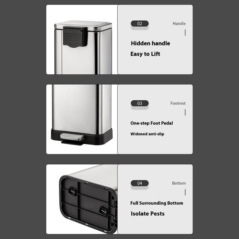 Stainless Steel Trash Can Quiet Closing Lid Rustproof Large Capacity For Kitchen Bathroom Office Home Use NonSlip Base