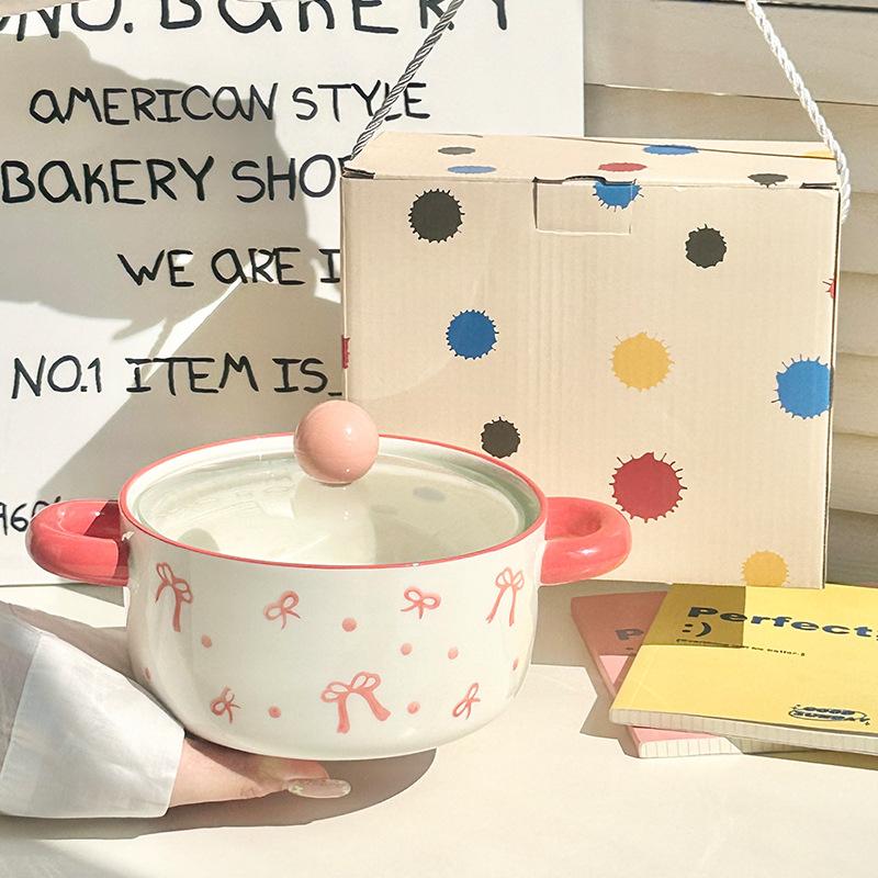 Girl's Heart Bow Binaural Ceramic Instant Noodle Bowl Student Dormitory Rice Bowl Large Capacity Microwave Oven Snail Powder Bowl