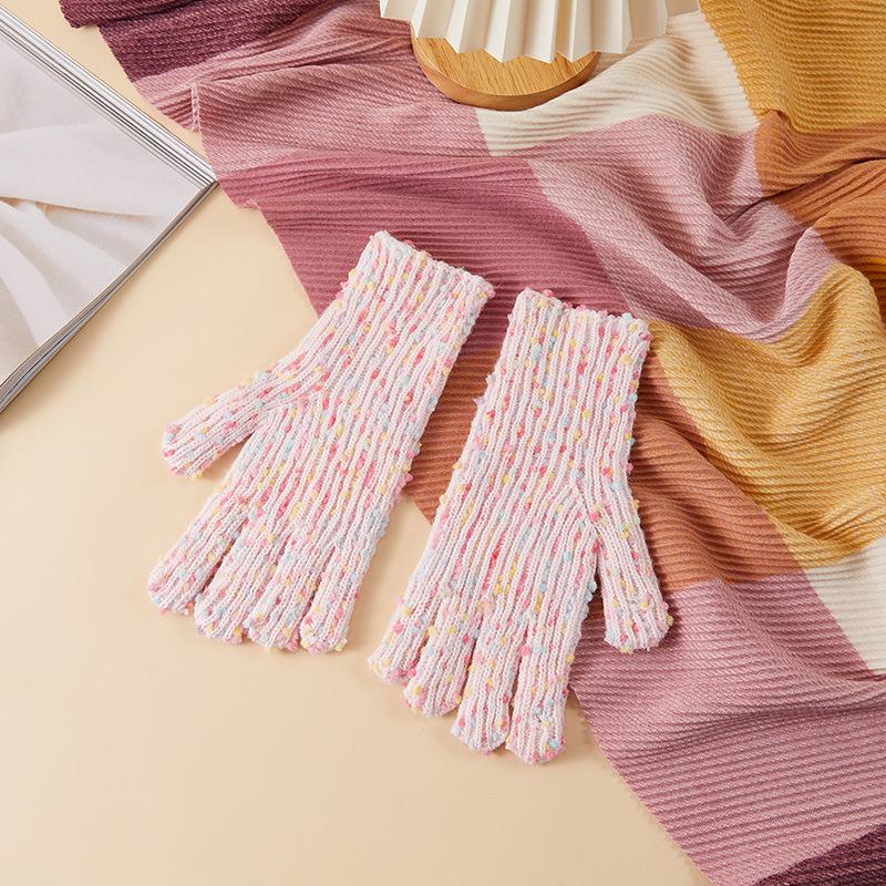 New Knitted Gloves for Women with Velvet Candy Color Warm and Cold-proof Fashion Finger Revealing Korean Gloves