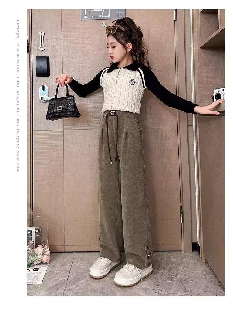 2024 Girls' Corduroy Wide-Leg Pants: Spring & Autumn Casual Straight-Leg for Kids