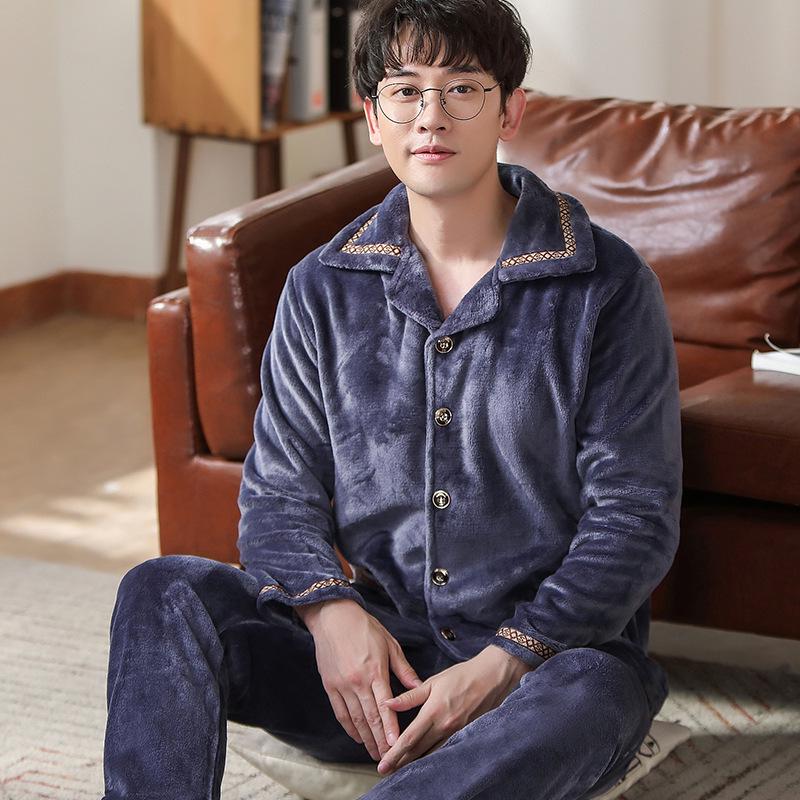 Men's Coral Fleece Pajamas Long Sleeve Thickened Flannel Home Clothes Set Autumn Winter Warm Loose Fit Sleepwear Ensemble