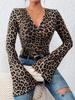 Euro-American Leopard Print Layered V-Neck Bell Sleeve Slim Fit Knitted T-Shirt for Women (2025 Collection)