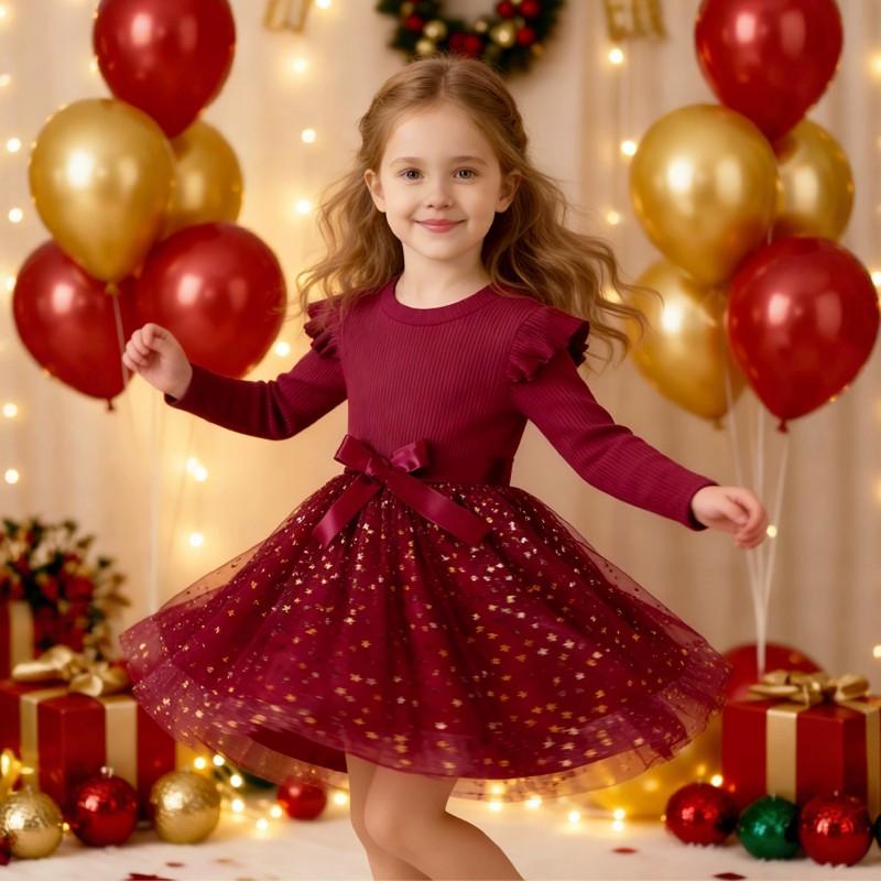 Girls Princess Dress 2026 Fall Long Sleeve Mesh Bow Kids
