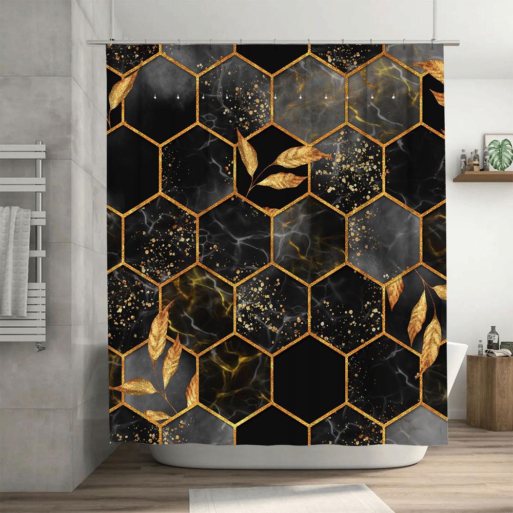 Luxury Hexagon Shower Curtain Set with Black Gold Marble Print for Bathroom Decor Waterproof Fabric Size 72 x 84 Inch (Black/Gol