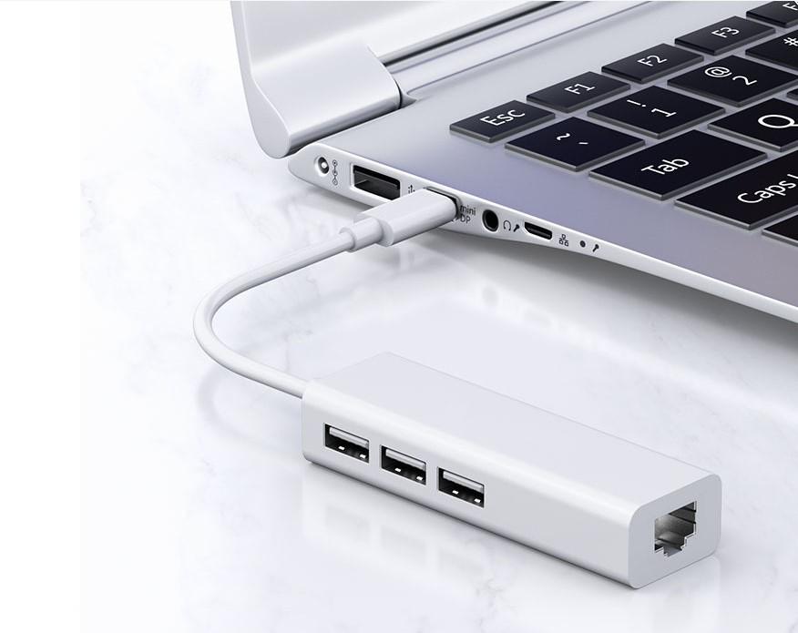 RJ45 Type-C to USB Network Card Converter, USB2.0 HUB, Driver-Free 100Mbps Wired Network Adapter