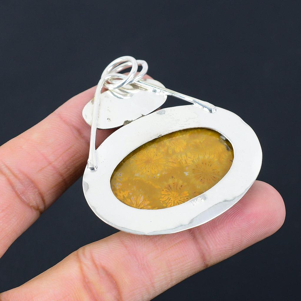 Oval Fossil Coral Stone Sister Elegant Handcrafted Pendant 925 Sterling Silver