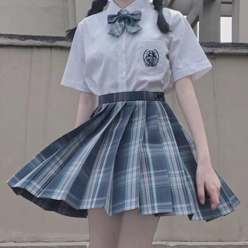 Gentle Blade Authentic JK Uniform: Plaid Pleated Skirt & College Style Short Shirt Set