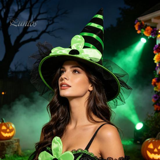 Halloween Costume Hat Witch for Women Girls, Large Striped Wizard Holiday Themed Party Accessories with Flower Accessories, Cosplay, Parent