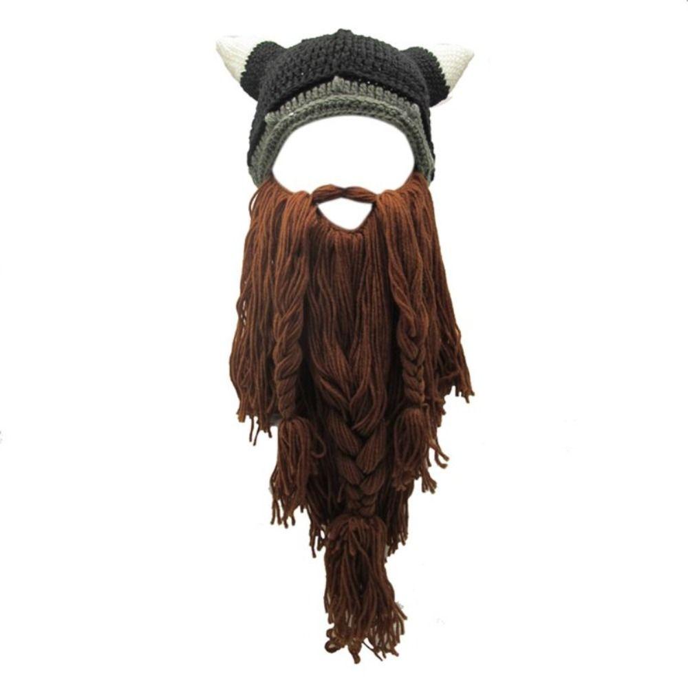 Handmade Knit Wig Beard Hats Horn Hat Big Beard Mask Hat Funny Viking Beard Beanie Men and Women