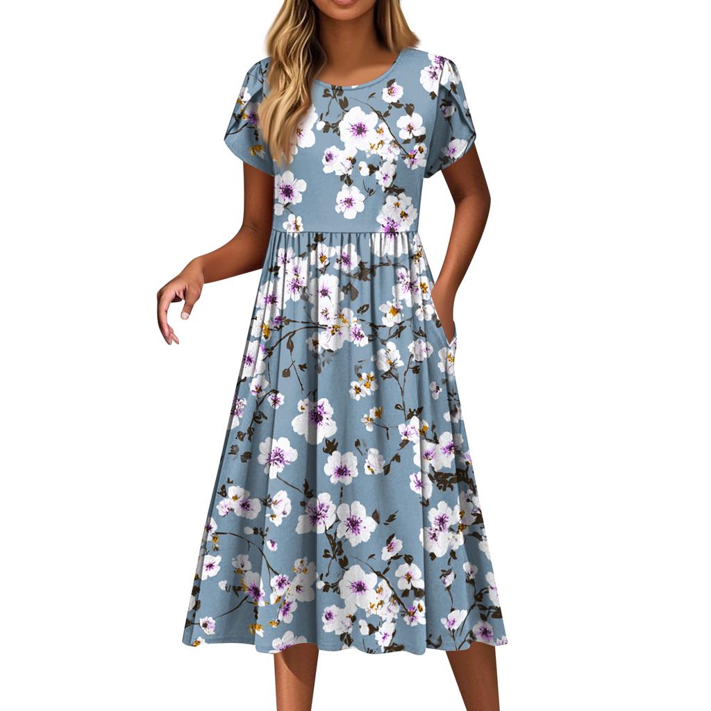 Women's Fashion Casual Loose Floral Print Round Neck Pocket Short Sleeve Dress