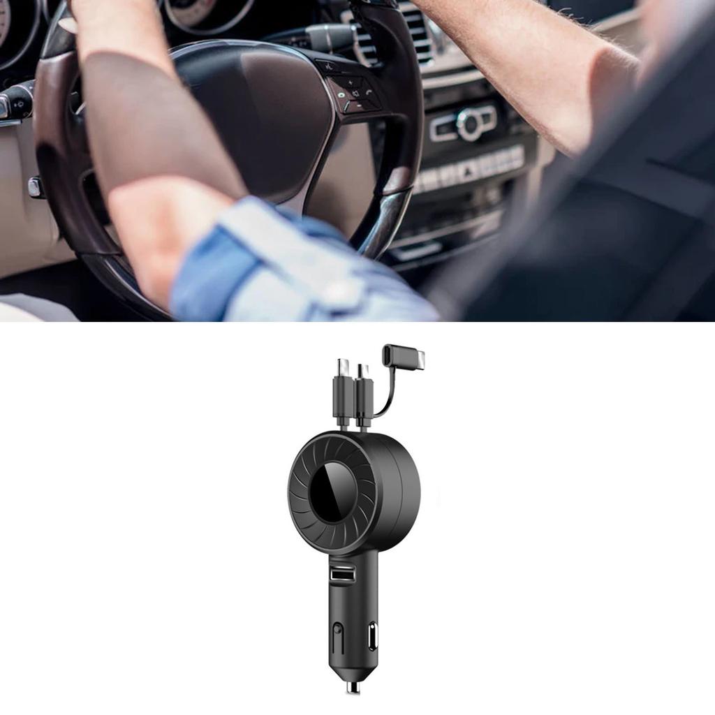USB Car Charger 3 in 1 Retractable Design 150CM Long Plastic Material Portable Car Cigarette Lighter for Automobile