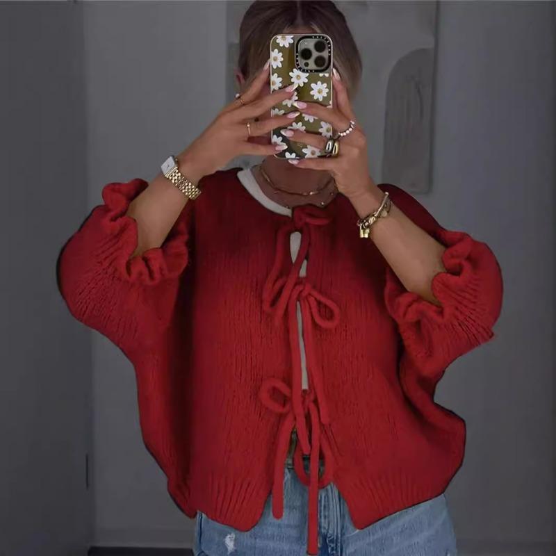 Casual Knit Cardigan Crew Neck 9 10 Sleeve Drawstring Tie