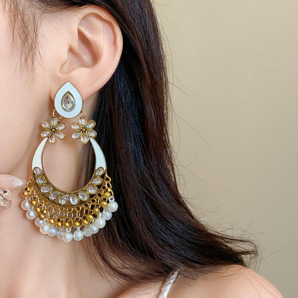 Rhinestone Tassel Water Droplet Earrings Beaded Tassel Exaggerated Tassel Earrings  Party