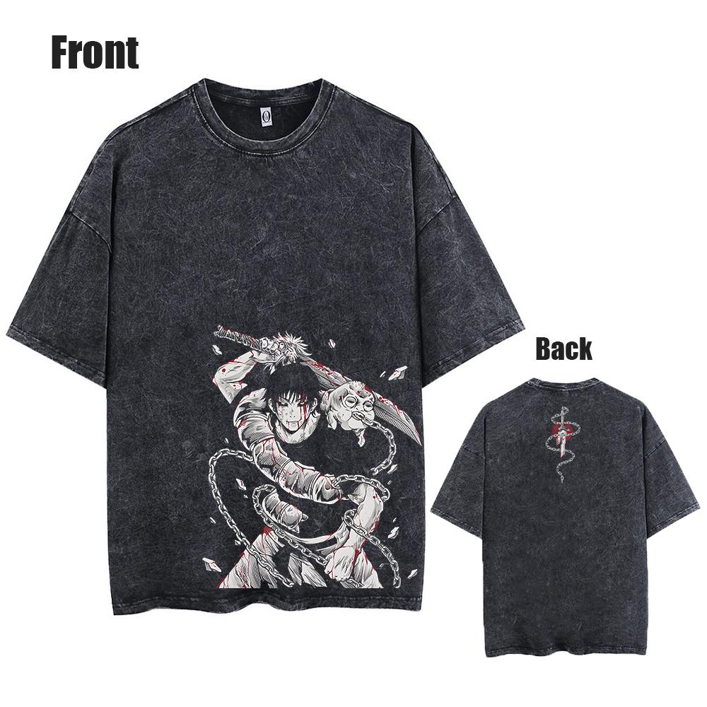 Men Streetwear Washed Acid Oversized T Shirt Japanese Anime Retro Worn Graphic Print T-Shirt Cotton Short Sleeve Tees