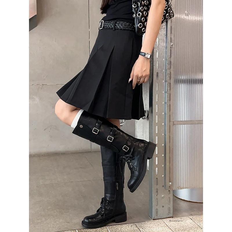 Rindslederversion~ Retro braune Lokomotiv-Gürtelschnalle lange Stiefel Damen dicksohlig dickabsätzig großer Schaft um das Knie Ritterstiefel